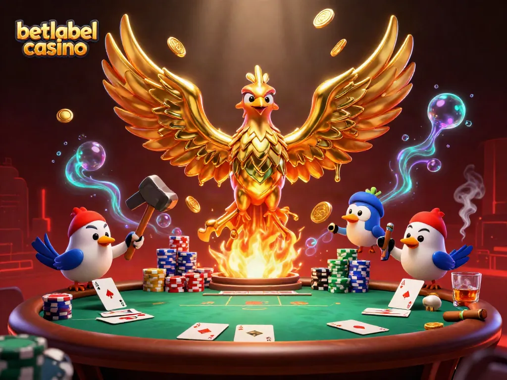Experience the thrill of betlabel casino with a majestic phoenix and poker game elements.
