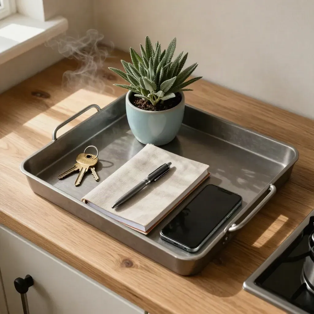 Vista cenital de una bandeja con llaves, libreta, móvil y planta sobre encimera de cocina, con vapor.