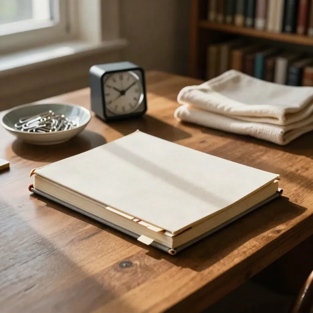 Mesa de biblioteca con cuaderno cerrado, divisores, temporizador y clips en luz cálida.