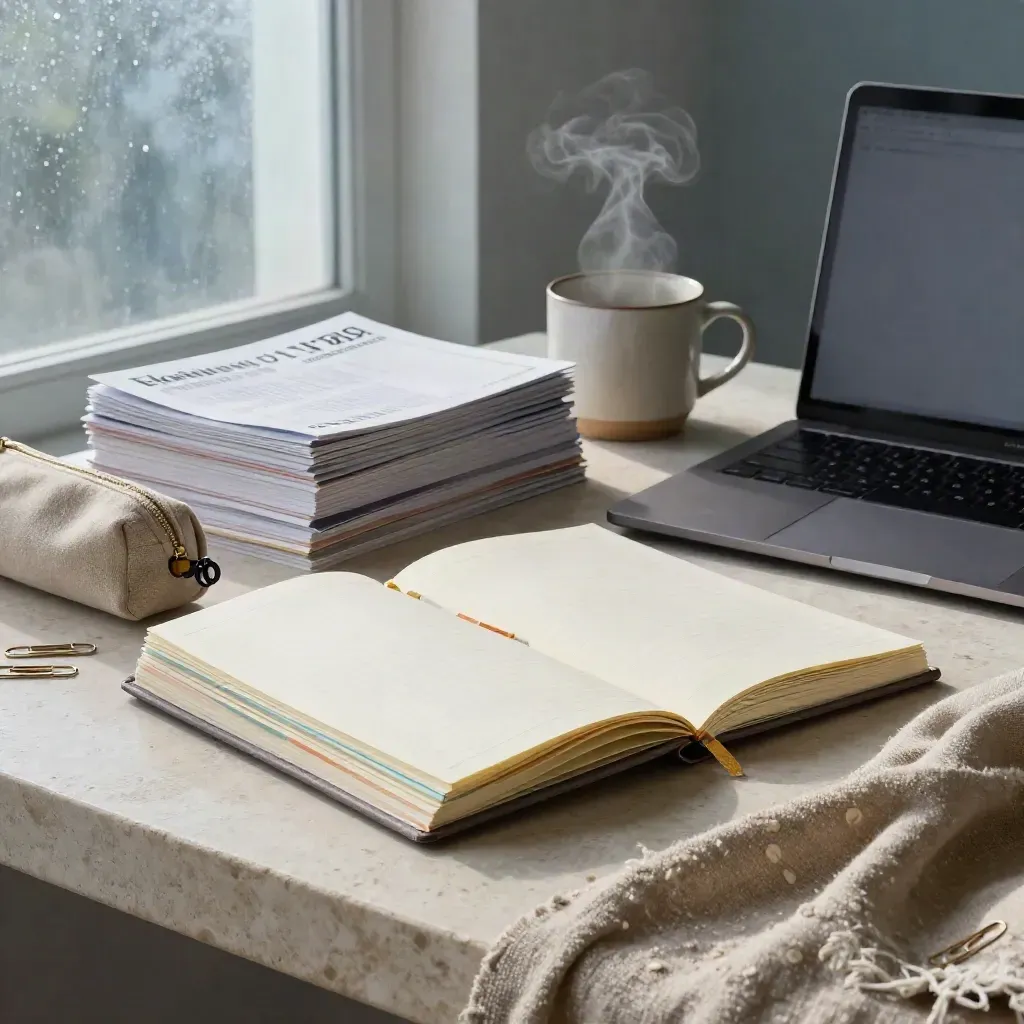 Mesa editorial con guías apiladas, libreta tabulada, portátil cerrado y taza sobre piedra clara.