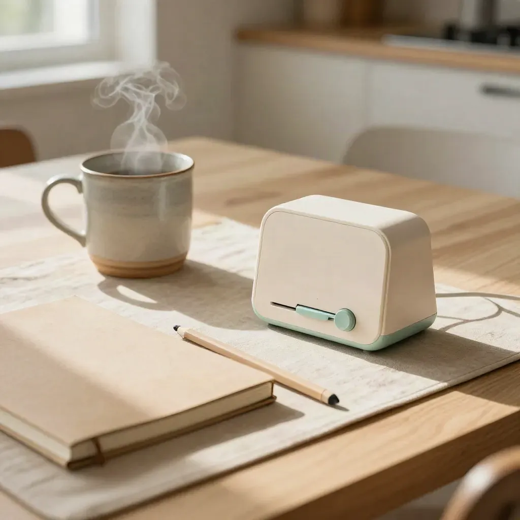 Temporizador, taza, libreta y lápiz en una mesa de desayuno bañada por luz cálida.