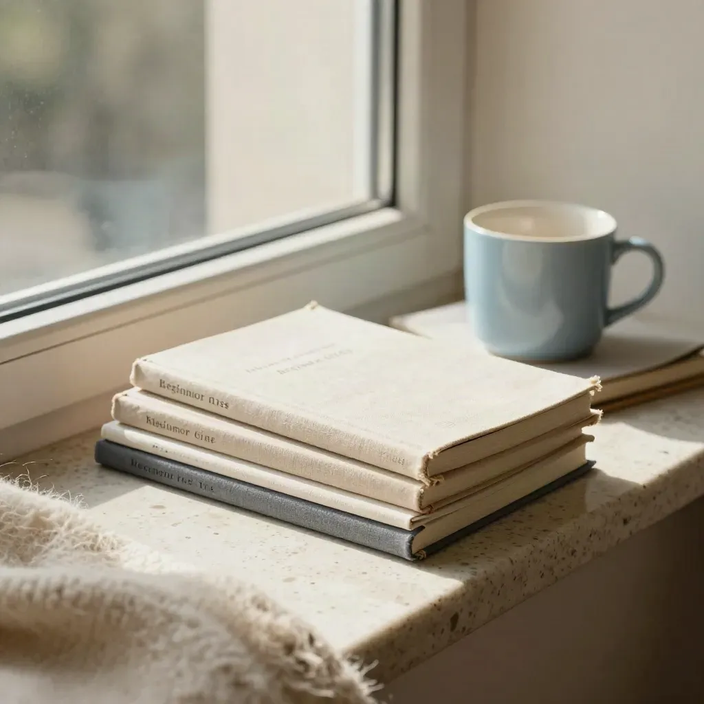 Folletos, cuaderno plegado y taza azul cielo sobre manta de lana junto a una ventana.