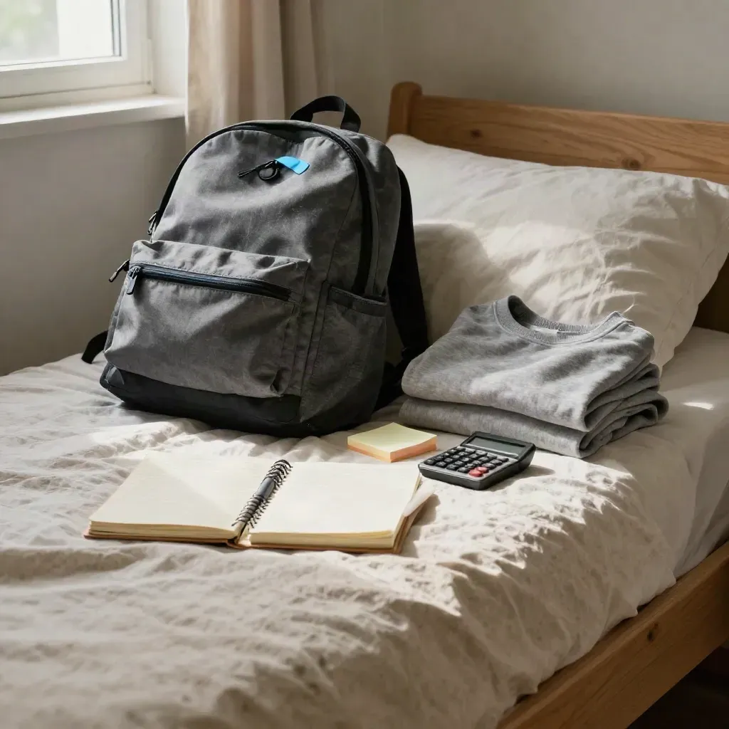 Mochila, cuaderno y sudadera sobre una cama de dormitorio con luz suave de mañana
