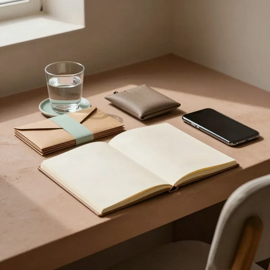 Reunión preparada con cuaderno, sobres, funda de recibos, móvil boca abajo y vaso de agua.