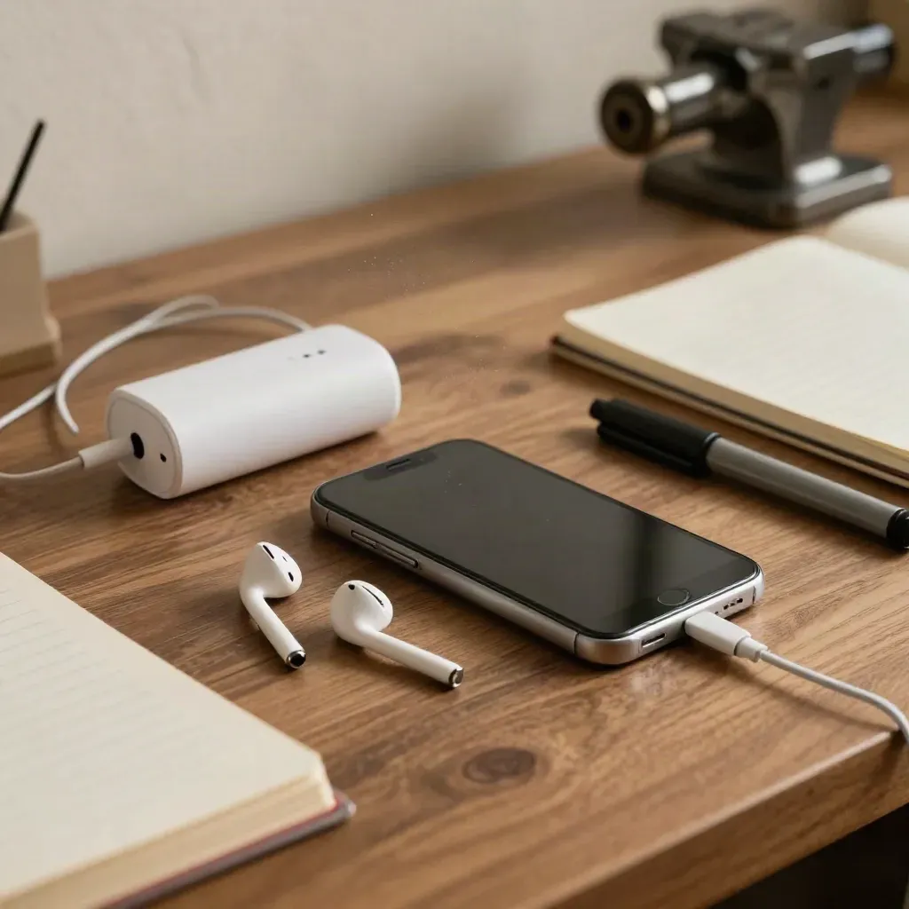 Kit de creador con móvil, auriculares, batería, libreta y rotulador sobre banco de trabajo