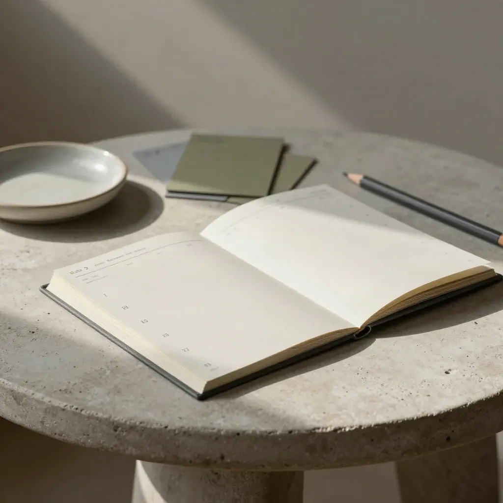 Tarjetas y planificador sobre una mesa de yeso con luz dramática lateral.