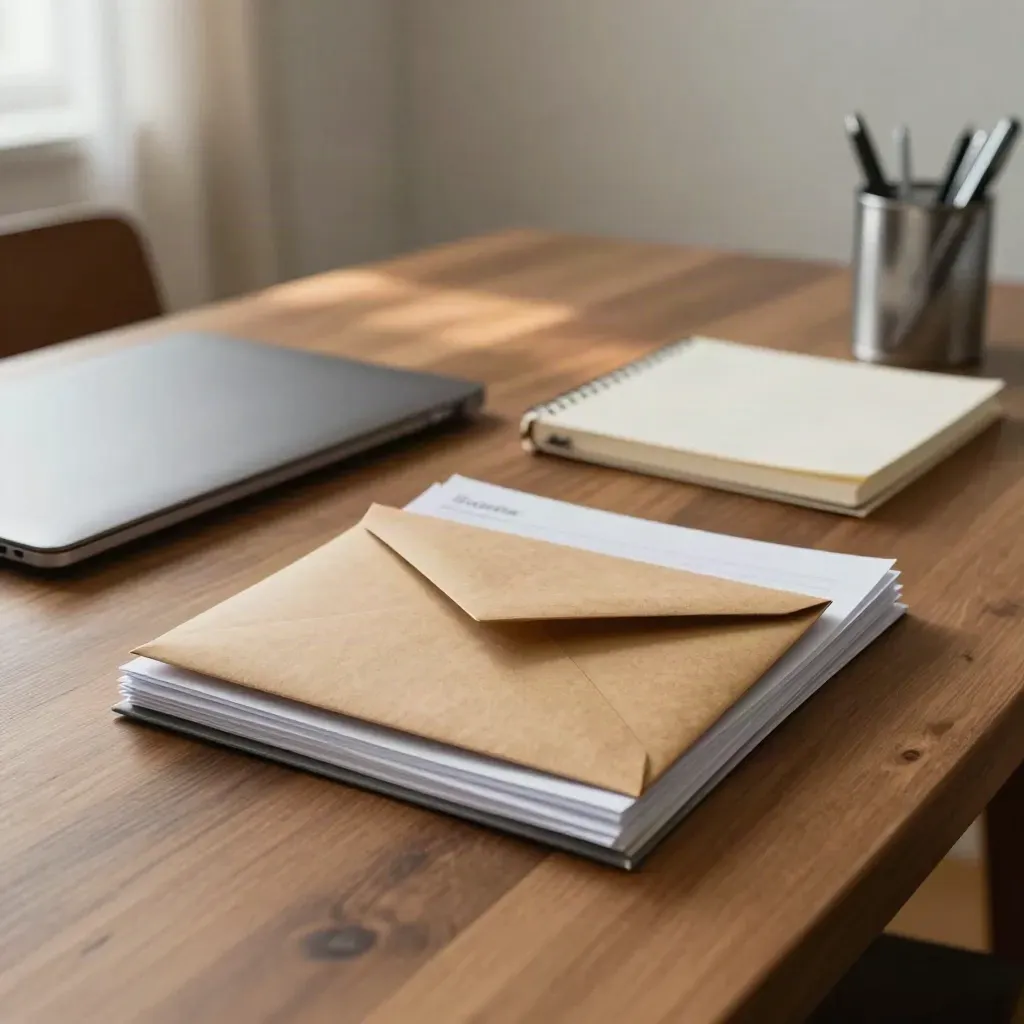 Sobres, portátil cerrado y libreta sobre escritorio de madera con luz suave gris.
