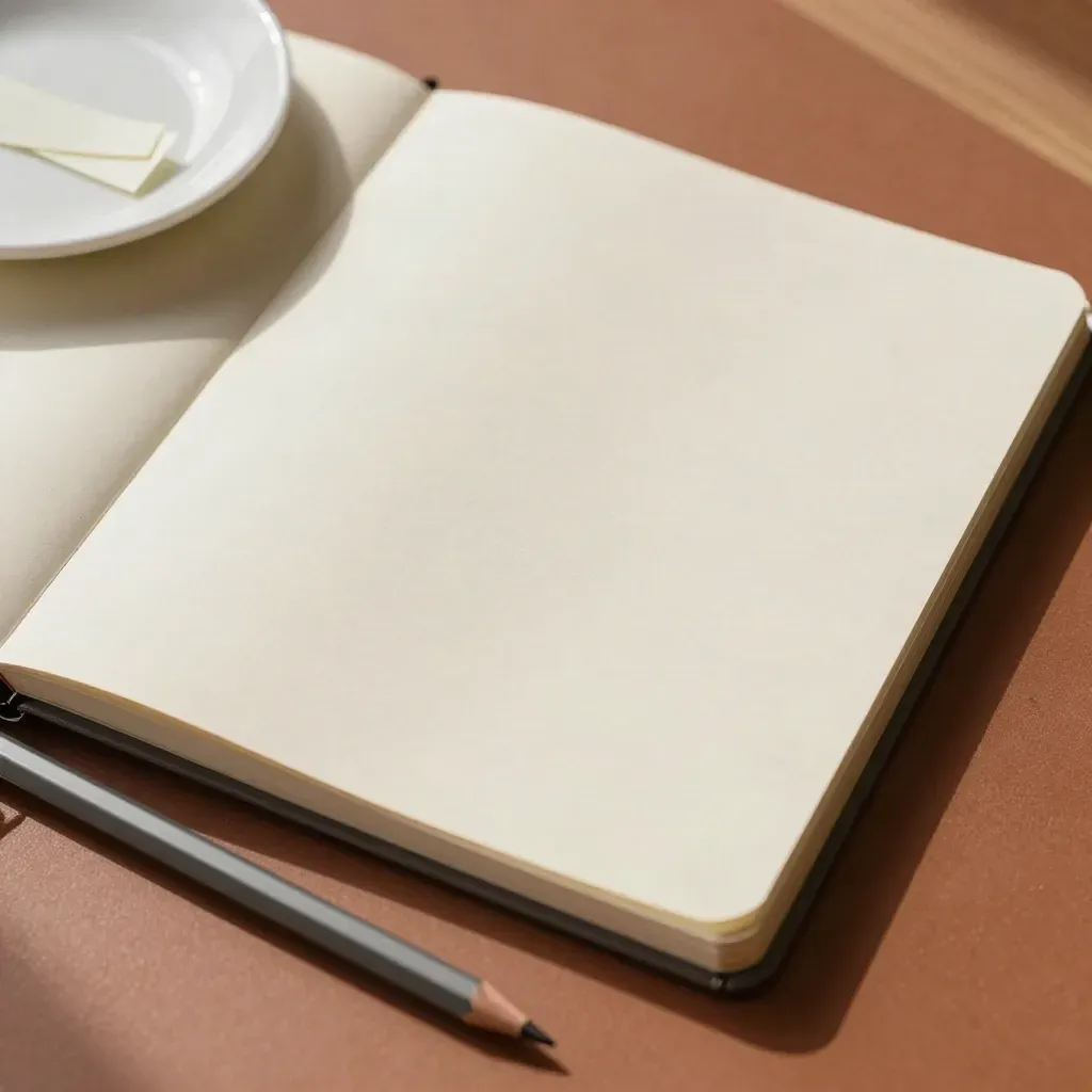 Cuaderno abierto con pestañas blancas, lápiz y cuenco de cerámica sobre fondo terracota.