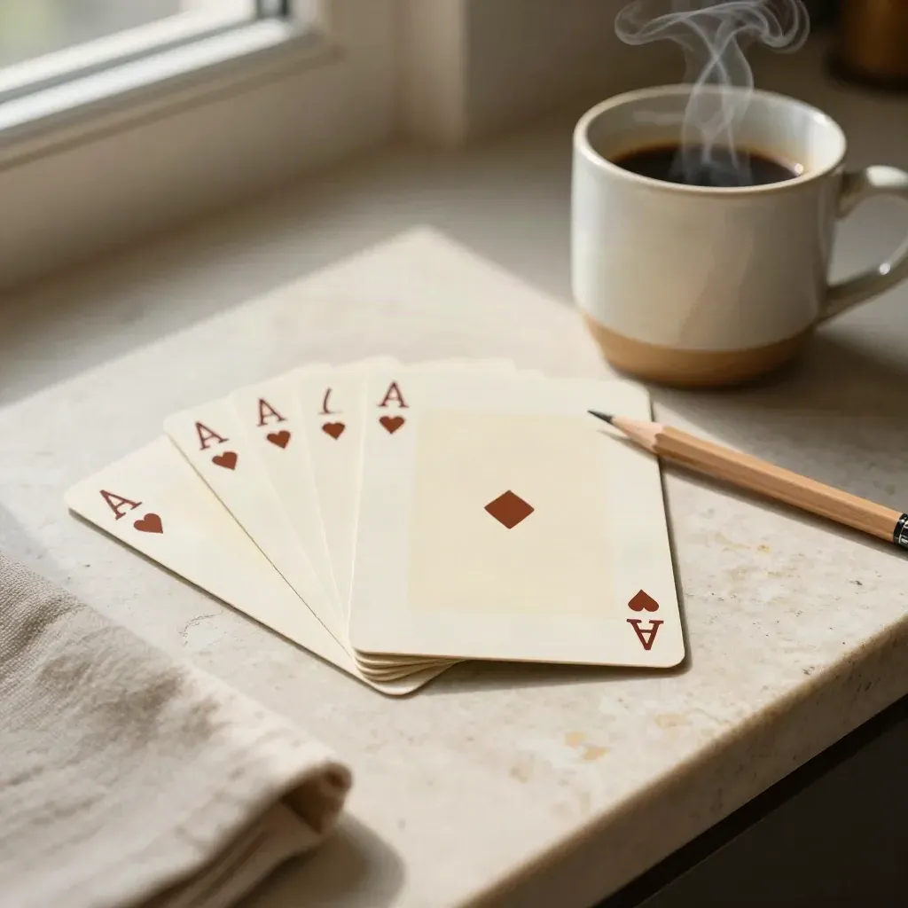 Tarjetas en abanico, lápiz y taza humeante sobre una encimera de piedra.
