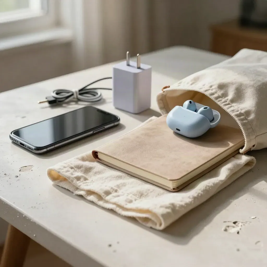 Kit de estudio con móvil, auriculares, cargador, libreta y paño sobre mesa de yeso.