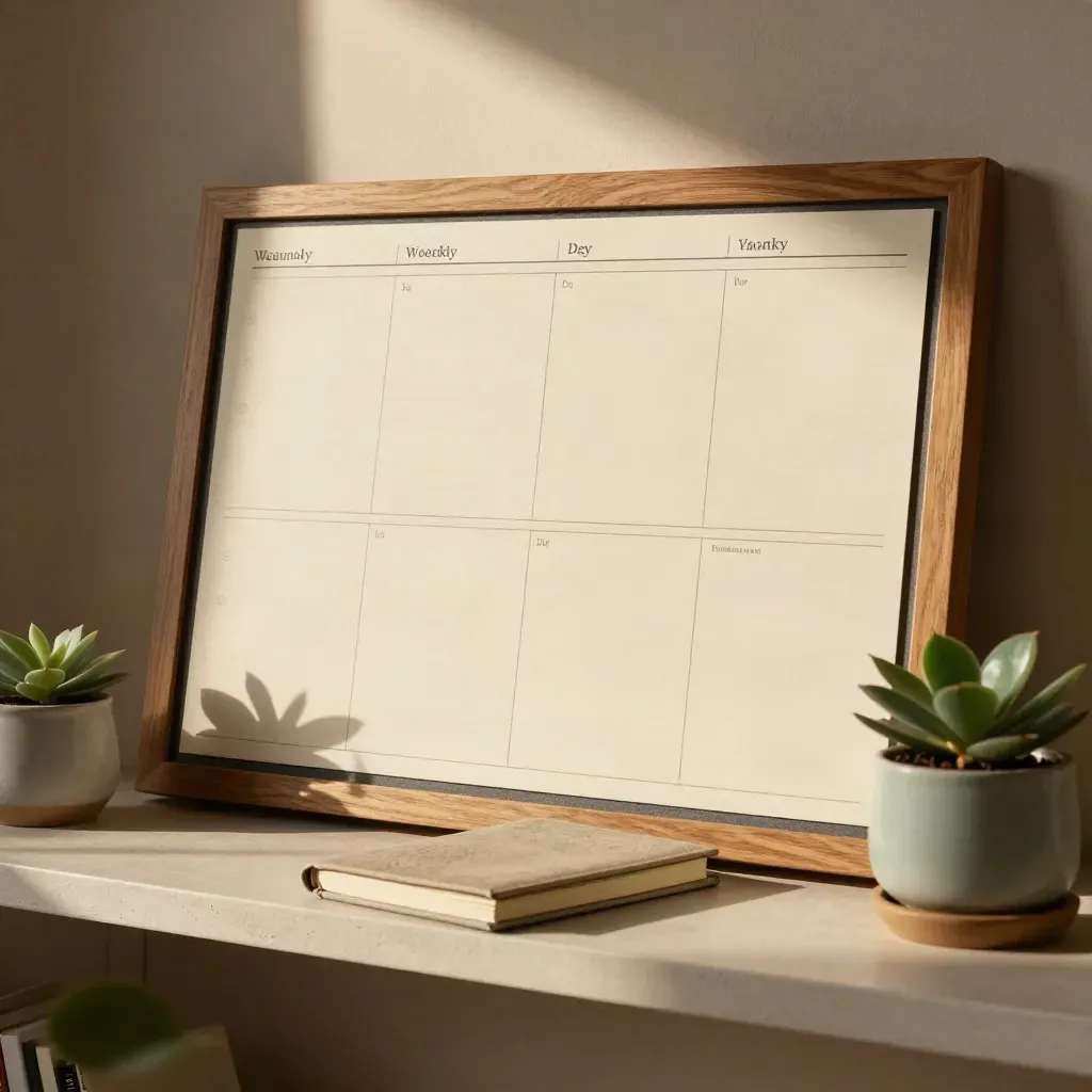 Panel semanal con huecos vacíos, libreta cerrada y una planta pequeña sobre una repisa clara.