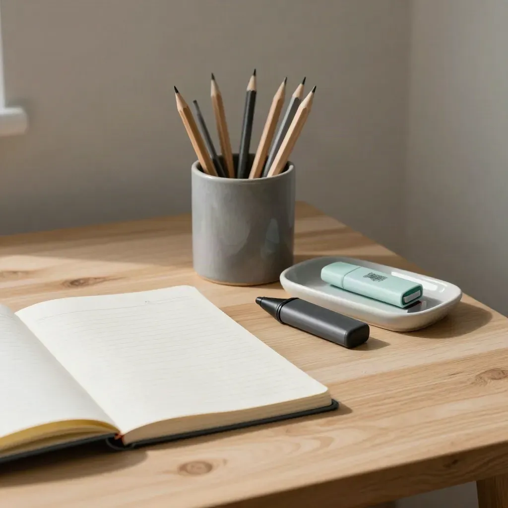Material de estudio ordenado con portalápices, libreta, subrayadores y bandeja cerámica.