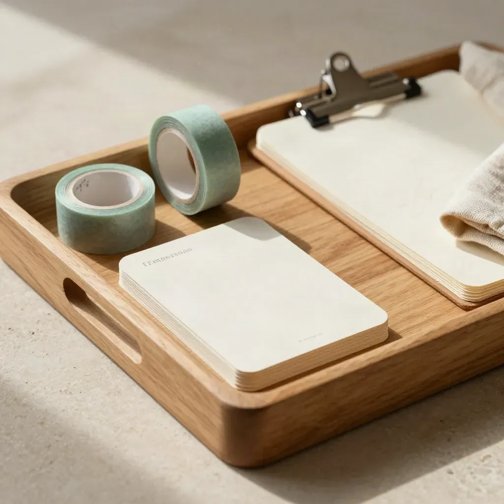 Bandeja de madera con tarjetas prototipo, cinta washi, bloc sujeto y tela doblada.