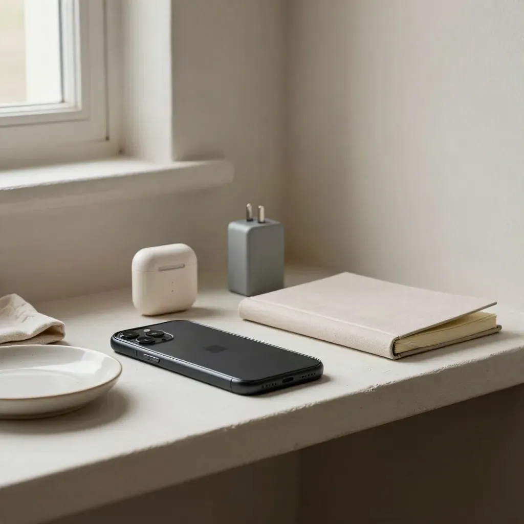 Móvil, auriculares, cargador y cuaderno sobre una repisa de yeso clara, en luz suave.