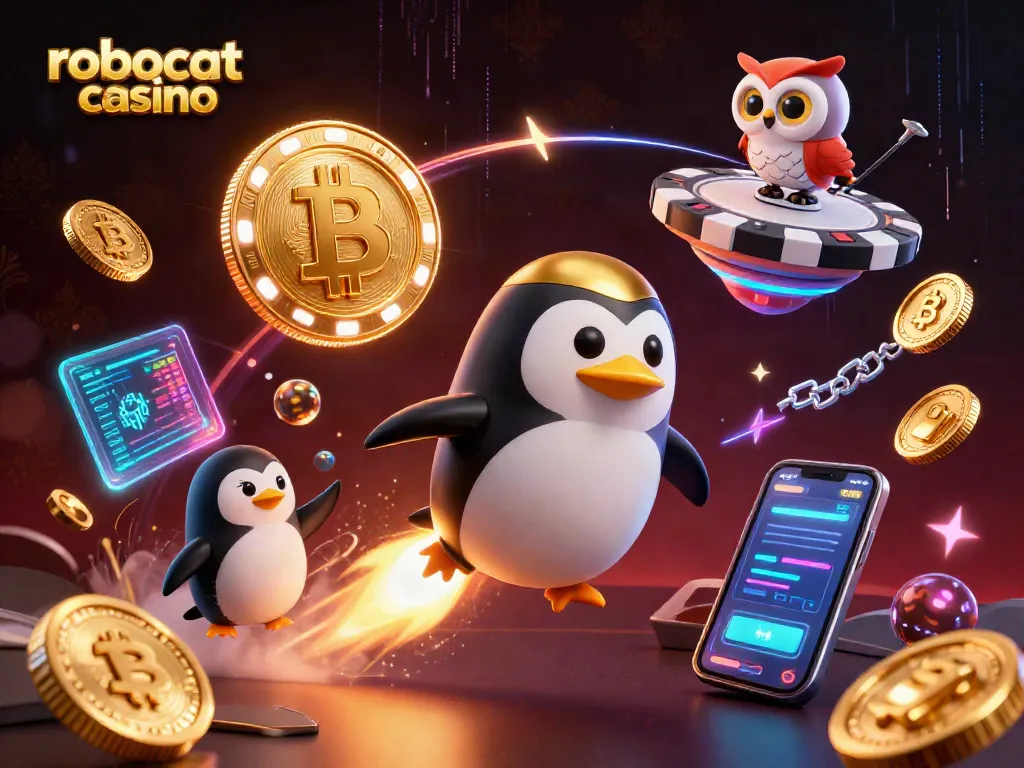 Engage in the exciting Robocat Casino with colorful 3D characters and vibrant game elements.