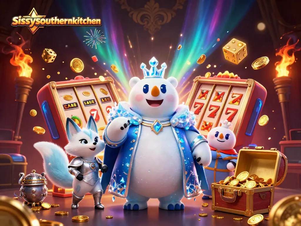 Sissy's Southern Kitchen showcases a vibrant casino scene with slot symbols and golden treasures.