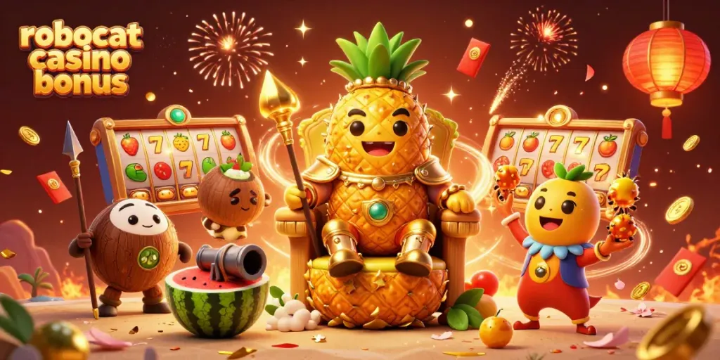 Engage with the robocat casino bonus featuring a vibrant, animated scene of casino characters and games.