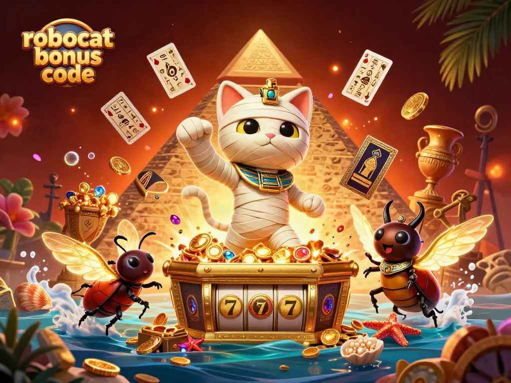 Engage with Robocat bonus code and enjoy vibrant casino action featuring a cartoon mummy cat and treasures.